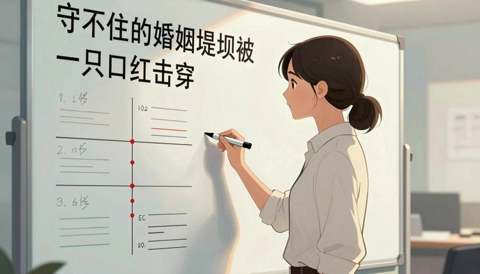 关系边界一位华裔女性站在贴满笔记和时间线的白板旁,手持马克笔侧身面向白板