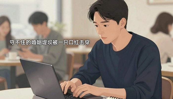 婚姻挽回一位华裔男性坐在咖啡店卡座,笔记本电脑打开专注看屏幕,旁边放笔记本和笔