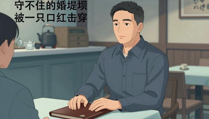 法律边界一位华裔男性坐在茶馆包间,双手放在合起的皮质卷宗上,面对未出镜的同伴