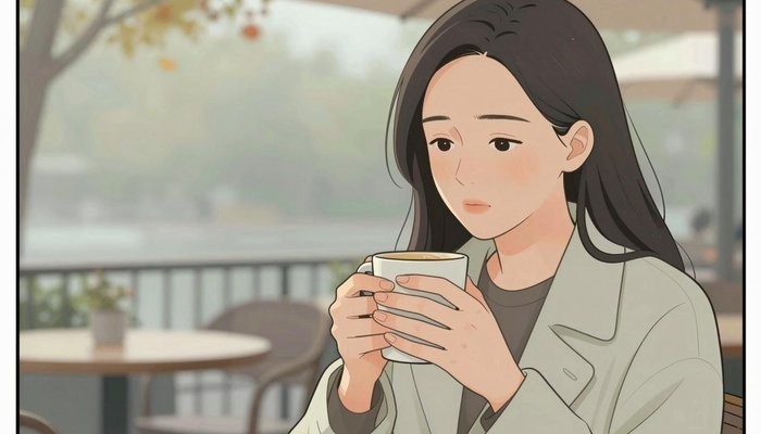 出轨方一位华裔女性坐在户外咖啡馆露台,穿薄外套,双手捧着热马克杯,背景秋叶虚化