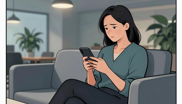 施压法一位华裔女性坐在办公休息区沙发上,低头看手机,眉头微皱