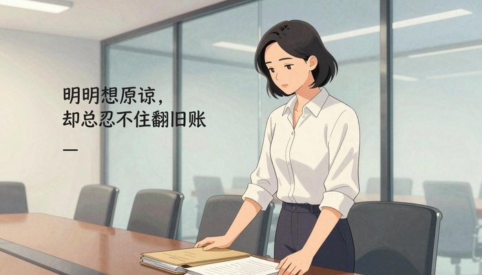 沟通技巧一位华裔女性站在玻璃幕墙会议室桌首,双手按在一叠文件夹上低头看文件