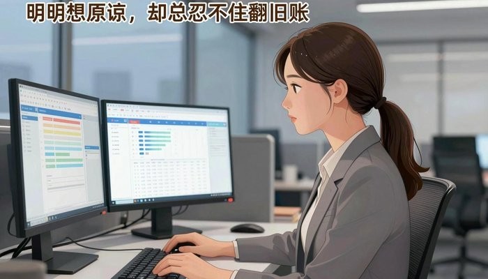 亲子关系一位华裔女性坐在开放式办公桌前,三台显示器显示数据图表,屏幕光映亮侧脸