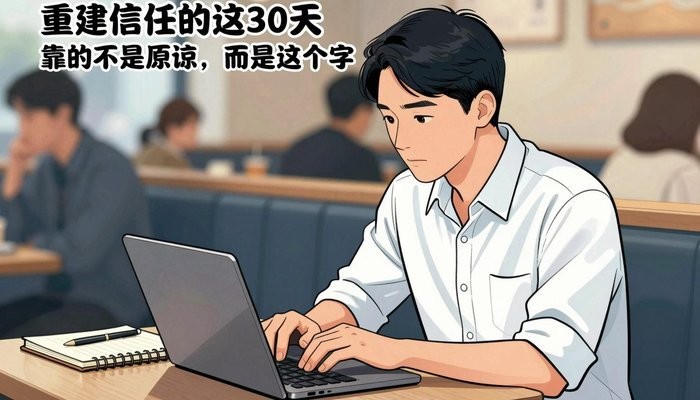 情感技巧一位华裔男性坐在咖啡店卡座，笔记本电脑打开专注看屏幕，旁边放笔记本和笔