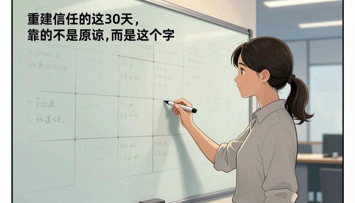 婚姻经营一位华裔女性站在贴满笔记和时间线的白板旁，手持马克笔侧身面向白板