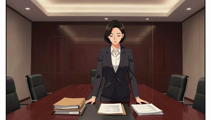 婚姻经营一位华裔女性站在玻璃幕墙会议室桌首,双手按在一叠文件夹上低头看文件
