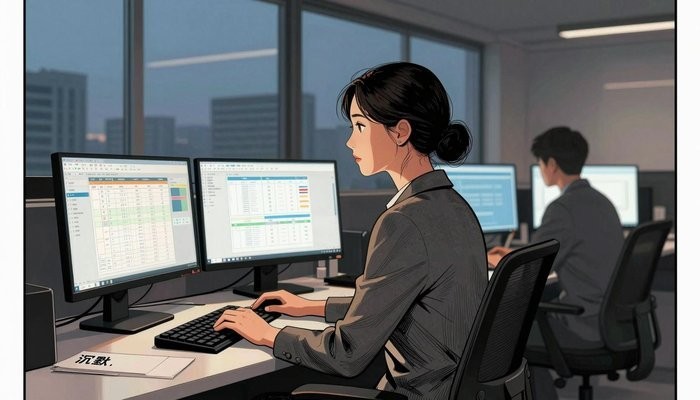 婚姻知识一位华裔女性坐在开放式办公桌前,三台显示器显示数据图表,屏幕光映亮侧脸