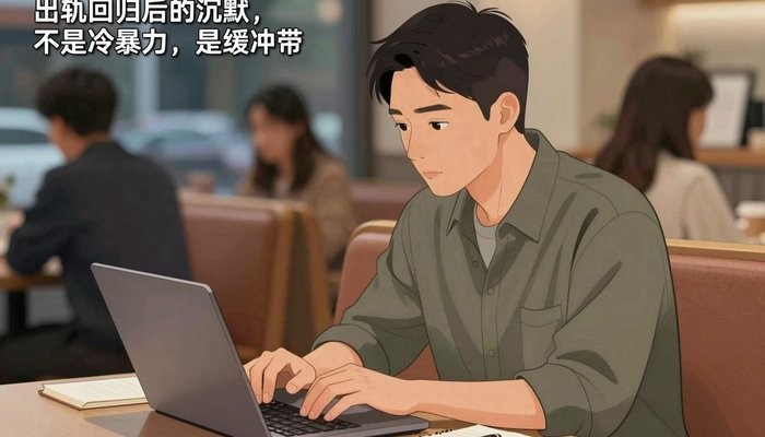 婚姻经营一位华裔男性坐在咖啡店卡座,笔记本电脑打开专注看屏幕,旁边放笔记本和笔