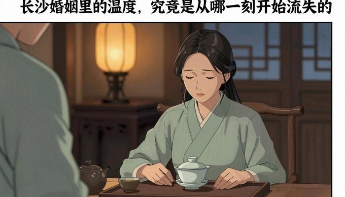 长沙一位华裔女性坐在传统茶馆木桌旁,面前一杯盖碗茶,神情平静而疲惫