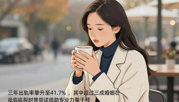 郑州一位华裔女性坐在户外咖啡馆露台,穿薄外套,双手捧着热马克杯,背景秋叶虚化