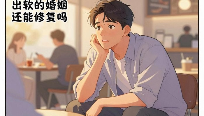 原配处理一位华裔男性坐在咖啡馆,身体前倾双肘撑膝,抬头望向画面外,神情恳切