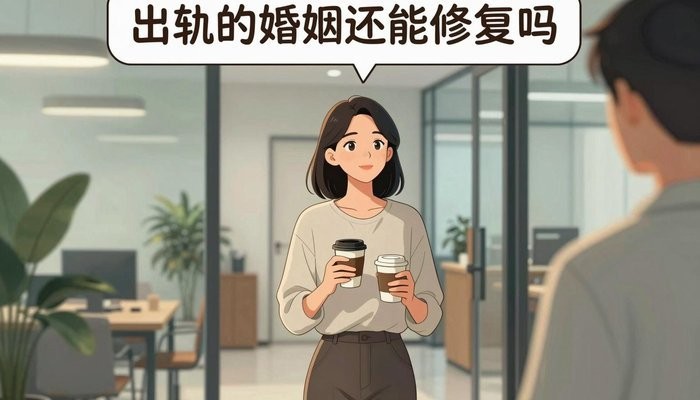 天津一位华裔女性站在办公休息区门口,手拿两杯咖啡,望向画面外