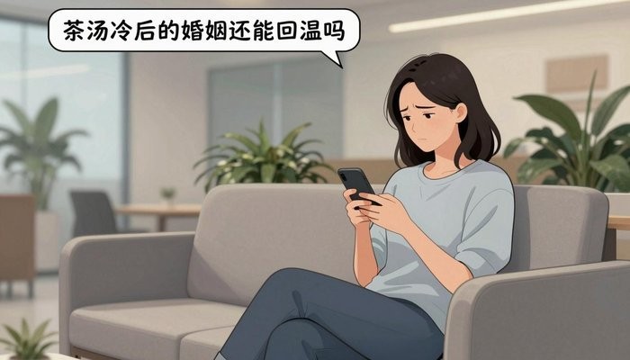 婚姻挽救一位华裔女性坐在办公休息区沙发上,低头看手机,眉头微皱