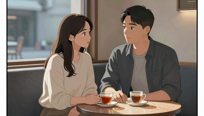 海口一对三十多岁的华裔夫妻并肩坐在暖色咖啡馆沙发上,女方的手靠近男方放在桌上的手