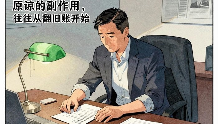 家庭系统一位四十多岁的华裔男性坐在私人办公室，身体前倾双手按在堆满文件的桌上
