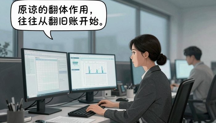 安全感一位华裔女性坐在开放式办公桌前，三台显示器显示数据图表，屏幕光映亮侧脸