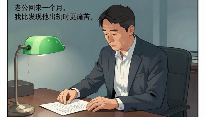 家庭系统一位四十多岁的华裔男性坐在私人办公室,身体前倾双手按在堆满文件的桌上