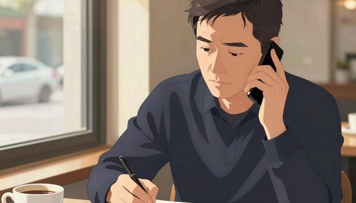 关系经营一位华裔男性坐在咖啡馆角落,手机贴耳,在小本子上记录