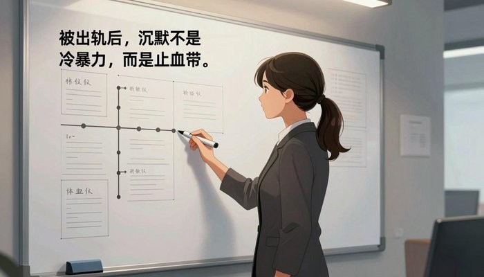 无性婚姻一位华裔女性站在贴满笔记和时间线的白板旁,手持马克笔侧身面向白板