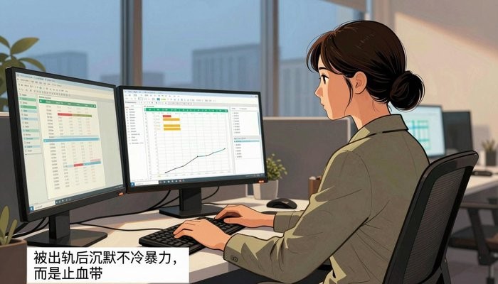 婚姻知识一位华裔女性坐在开放式办公桌前,三台显示器显示数据图表,屏幕光映亮侧脸