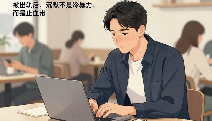 家庭系统一位华裔男性坐在咖啡店卡座,笔记本电脑打开专注看屏幕,旁边放笔记本和笔
