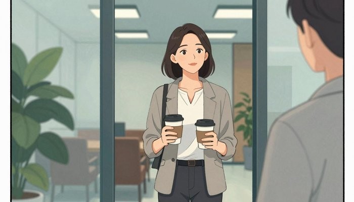出轨方一位华裔女性站在办公休息区门口,手拿两杯咖啡,望向画面外