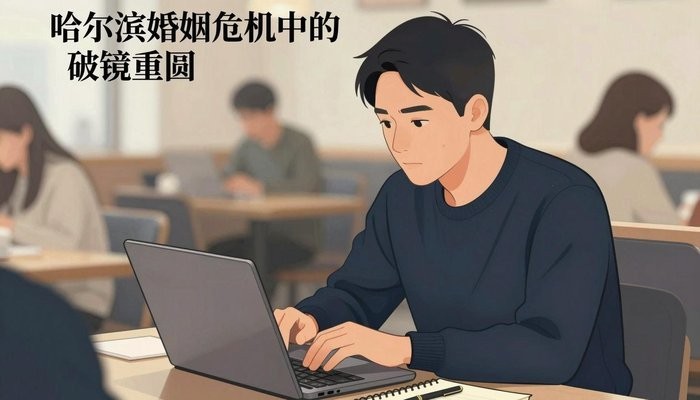 哈尔滨一位华裔男性坐在咖啡店卡座,笔记本电脑打开专注看屏幕,旁边放笔记本和笔