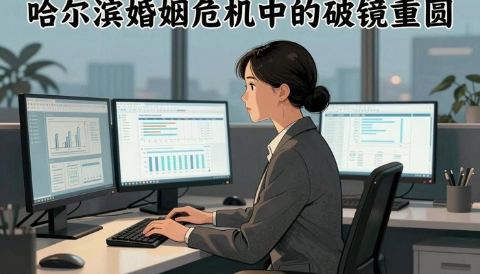 离间法一位华裔女性坐在开放式办公桌前,三台显示器显示数据图表,屏幕光映亮侧脸