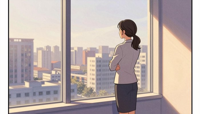 西宁一位华裔女性站在高层办公室窗边,背对镜头微微侧身,双臂轻抱,望向城市天际线