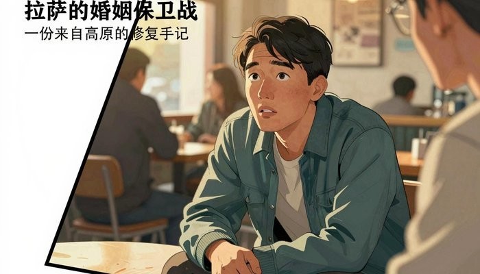 拉萨一位华裔男性坐在咖啡馆,身体前倾双肘撑膝,抬头望向画面外,神情恳切