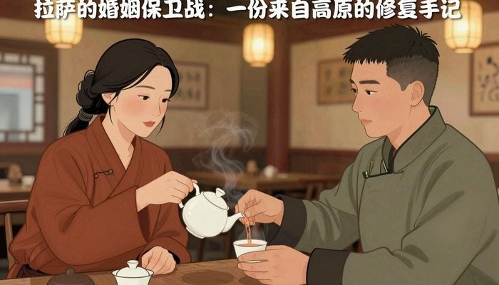 专业干预一男一女两位华裔隔着传统茶桌对坐,女方为男方杯中倒茶,神情温和而认真