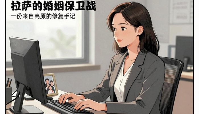 分离第三者一位华裔女性坐在办公桌前,看着键盘旁的全家福相框露出淡淡微笑