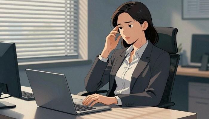 石家庄一位华裔女性身着职业装坐在办公桌前,身体后靠,一手轻按太阳穴