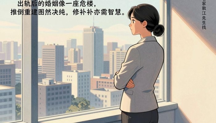 出轨修复一位华裔女性站在高层办公室窗边,背对镜头微微侧身,双臂轻抱,望向城市天际线