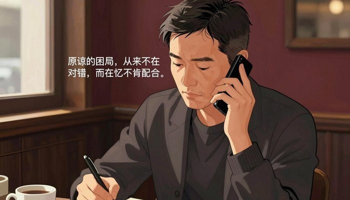 安全感一位华裔男性坐在咖啡馆角落，手机贴耳，在小本子上记录