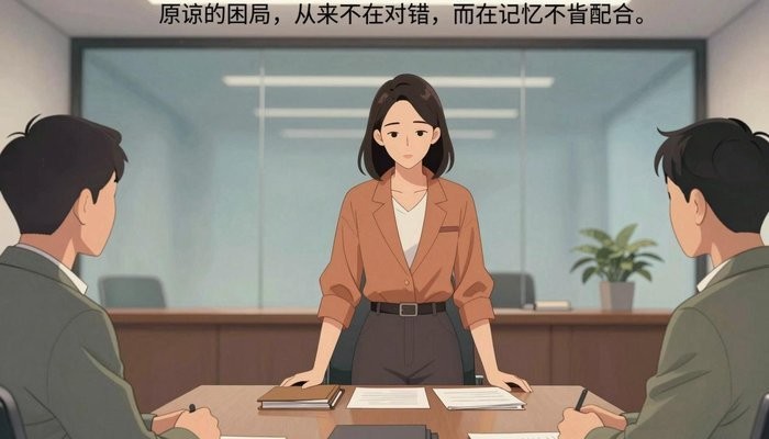 认知重构一位华裔女性站在玻璃幕墙会议室桌首，双手按在一叠文件夹上低头看文件
