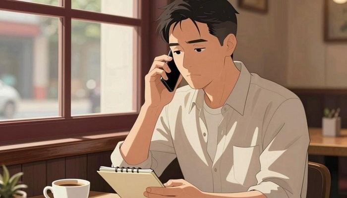 关系经营一位华裔男性坐在咖啡馆角落,手机贴耳,在小本子上记录