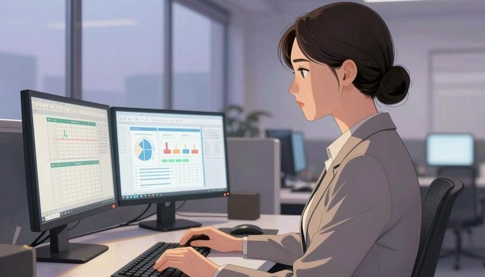 婚姻咨询一位华裔女性坐在开放式办公桌前，三台显示器显示数据图表，屏幕光映亮侧脸