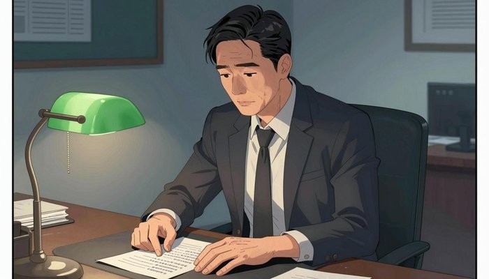 婚姻经营一位四十多岁的华裔男性坐在私人办公室，身体前倾双手按在堆满文件的桌上