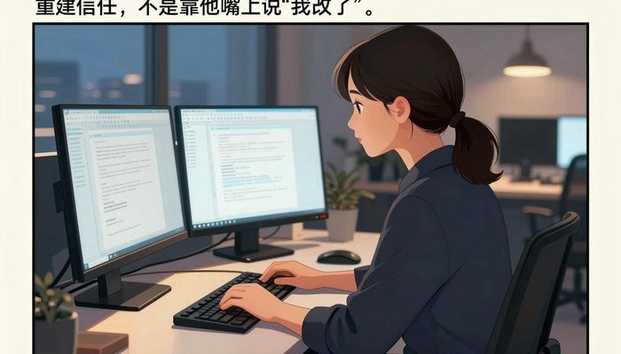 婚姻经营一位华裔女性在简洁现代办公工位,双屏发光,敲击键盘神情专注