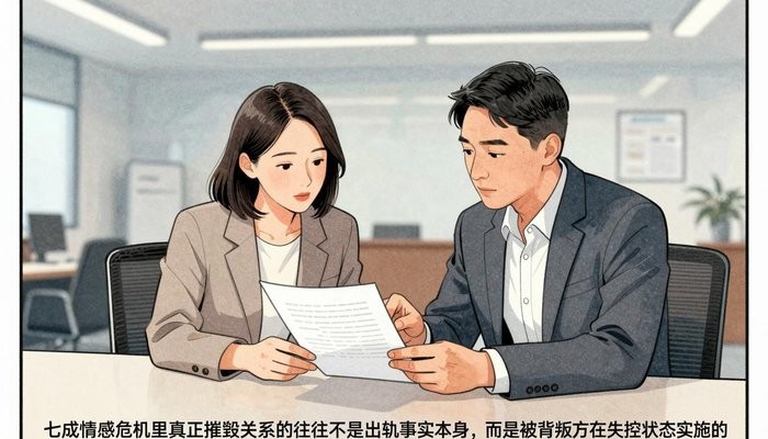 七成情感危机里真正摧毁关系的往往不是出轨事实本身，而是被背叛方在失控状态下实施的一系列错误反击。心理学中的“创伤性反应”会让人在三十天内做出令自己追悔莫及的决策，这种破坏力远比第三者的介入更具毁灭性。拉萨王女士的故事便是从这样一场雪崩式反应开始的。