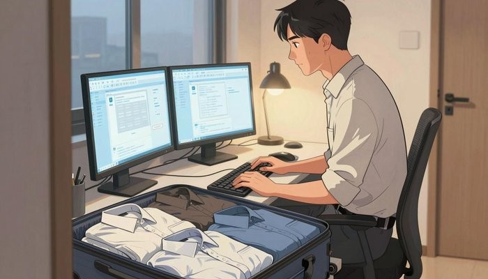 二次破裂一位华裔女性在简洁现代办公工位,双屏发光,敲击键盘神情专注