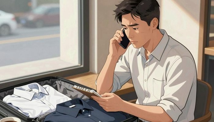 重新谈判一位华裔男性坐在咖啡馆角落,手机贴耳,在小本子上记录