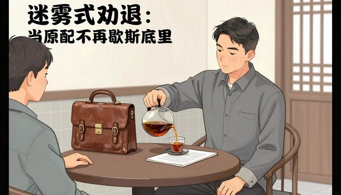 原配处理一位华裔男性在茶馆包间为桌对面的客户倒茶,身旁放着公文包和文件