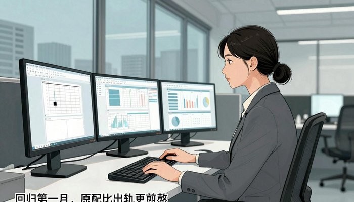 夫妻沟通一位华裔女性坐在开放式办公桌前,三台显示器显示数据图表,屏幕光映亮侧脸