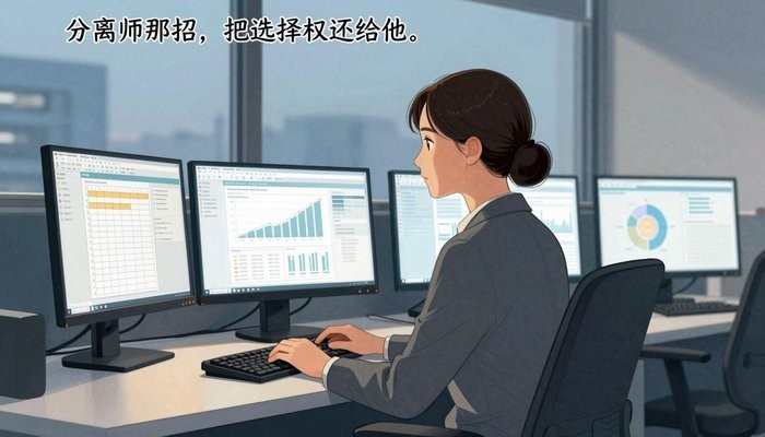 婚姻知识一位华裔女性坐在开放式办公桌前,三台显示器显示数据图表,屏幕光映亮侧脸