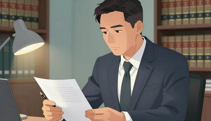 分离第三者一位华裔男性身着西装坐在办公桌后,神情专注审阅文件,一手持钢笔