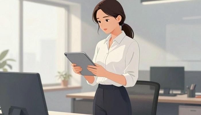 分离第三者一位华裔女性站在站立式办公桌前,查看显示法律文件的平板