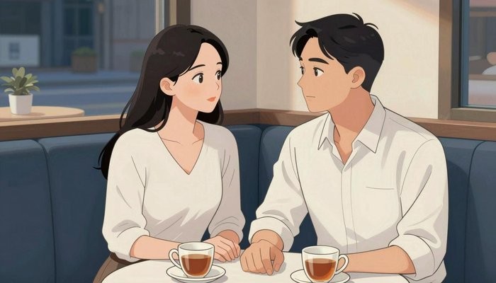 南宁一对三十多岁的华裔夫妻并肩坐在暖色咖啡馆沙发上,女方的手靠近男方放在桌上的手