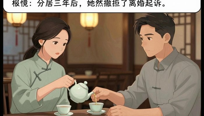 信任重建一男一女两位华裔隔着传统茶桌对坐,女方为男方杯中倒茶,神情温和而认真